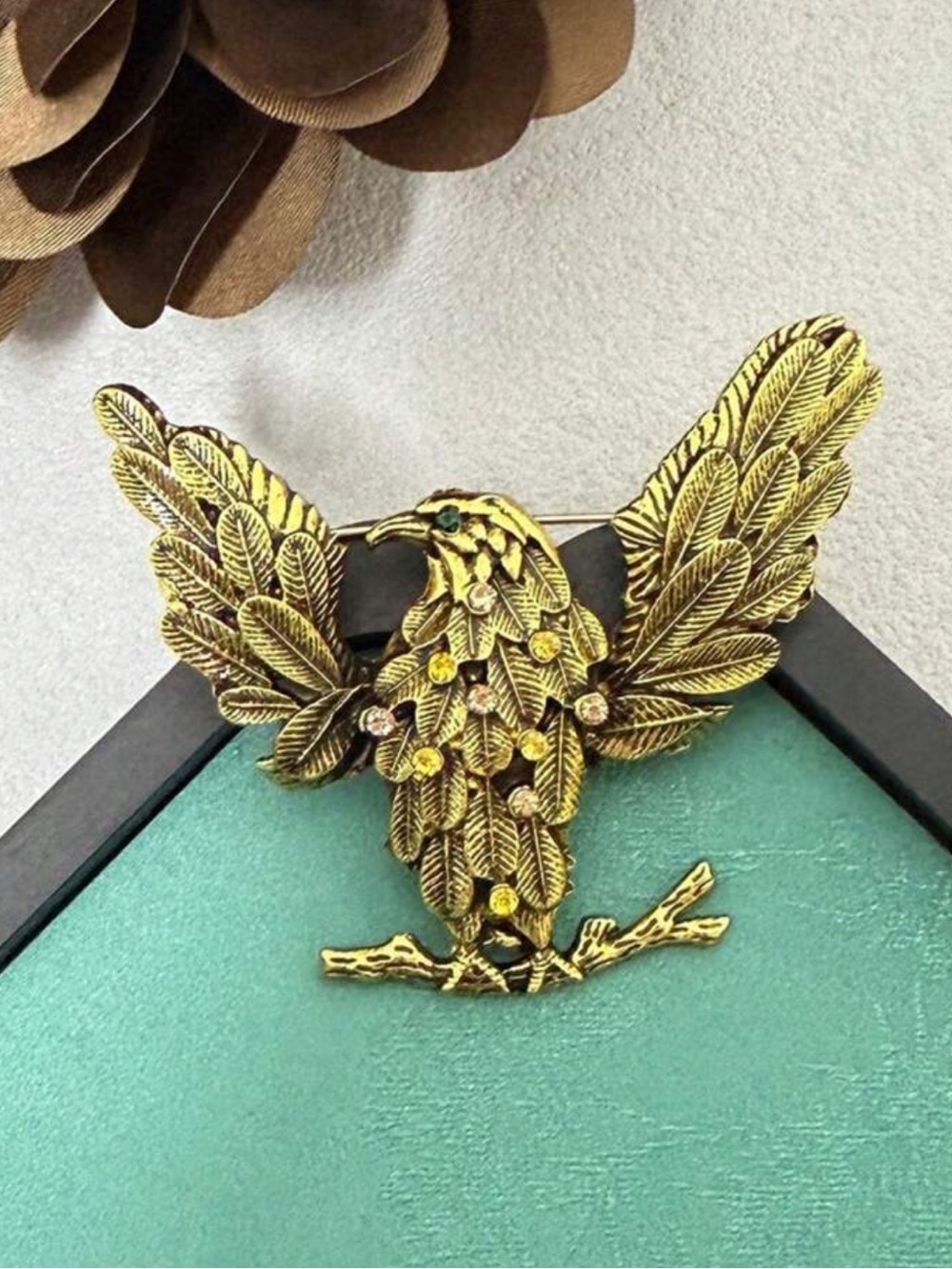 Gold Eagle Wing Brooch with Yellow Accents